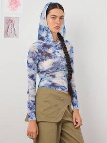 COUREZ 马匹印花薄纱长袖上衣/Y2K风格外出可爱春季性感外出上衣 - 藍色 - 查看 5