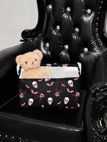 ROMWE Goth 1pc Halloween Black Background All-Over Eye, Spider, Skull, Bat Print Storage Basket, Suitable For Bedroom, Living Room, Bathroom - Black - View 4