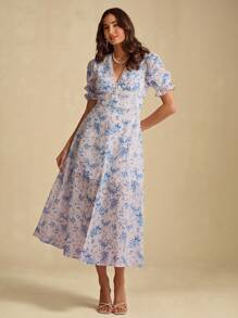 Enchnt Vestido midi elegante, romântico, azul, com decote em V, estampa floral, cintura marcada, manga curta, doce e elegante para férias, encontros, festas, formaturas, convidados de casamento e praia, vestido de baile, vestidos elegantes para festas - Azul - Ver 3