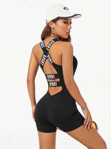 Coolane 女式露背紧身连体裤，饰有“Sport”字母罗纹饰边 - 黑色 - 查看 5