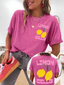 DrmWander 女士休闲字母和柠檬印花落肩短袖 T 恤，夏季 - 玫紅色 - 查看 5
