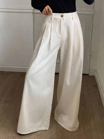 DAZY Quần jeans ống rộng màu trắng đơn giản, rộng rãi, mới cho nữ, mùa thu