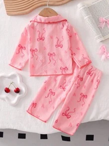 2pcs Baby Girls' Cherry Print Long Sleeve Cardigan And Pants Homewear Set, Woven Fabric Baby Girl Pajamas Newborn Girl Pajamas Pink Baby Pajamas Fall Winter