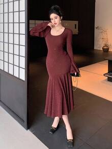 DAZY Women's Square Neck Flare Sleeve Glitter Fish Tail Hem Elegant Mid-Length Dress Red Women Dresses Prom Dress