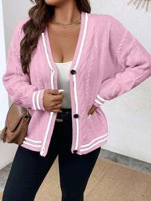 EURMUSE 大码女式扭纹图案长袖单排扣针织开衫 - 淺粉色 - 查看 5