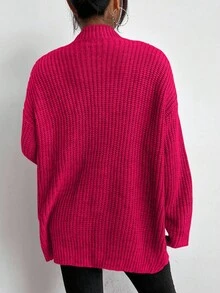 EURMUSE Cardigan casual in maglia a maniche lunghe con spalle scoperte e due tasche, di colore unito, da donna - Fucsia - Visualizzare 2