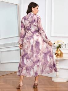 Modelyn Plus Size Women's Tie-Dye Print Keyhole Neck Lantern Sleeve Elegant Dress