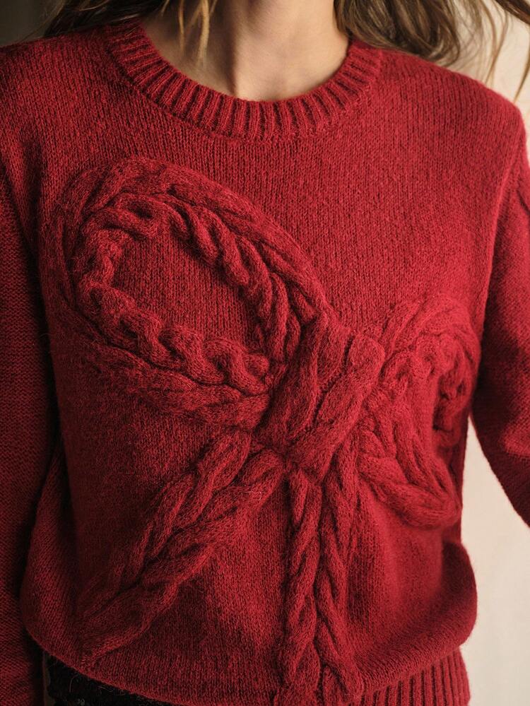 SOLID CABLE KNIT BOW PATTERN SWEATER