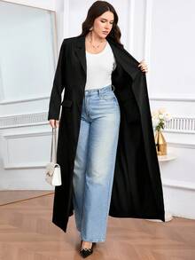 Modelyn 大码纯色翻领插肩袖时尚百搭单排扣夹克 - 黑色 - 查看 7