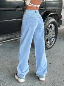 EURMUSE 100% Cotton Women High Waist Washing Detailed Straight Cut Fit Baggy Jeans - Light Wash - View 2