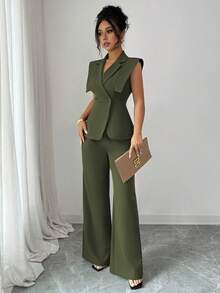 Elenzga 女士优雅休闲套装，包括有领无袖上衣和松紧腰裤，适合工作、度假、下午茶和聚会 - 軍綠色 - 查看 6