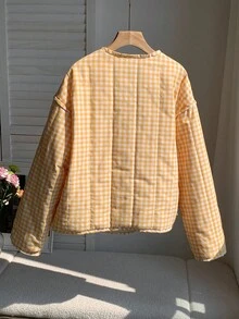 Comfortcana Women's Casual Plaid Long Sleeve Pocket Padded Coat In Fall/Winter - Yellow - View 2