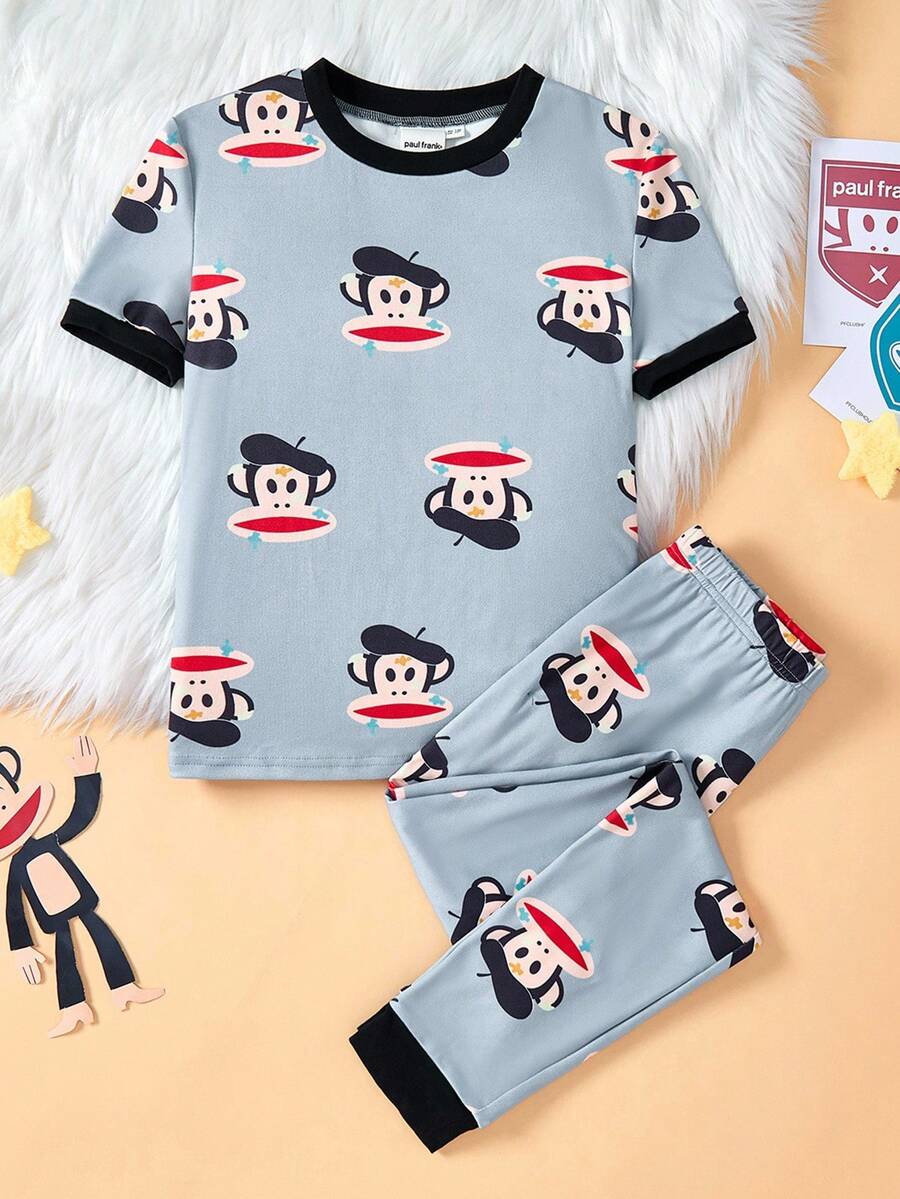 Paul Frank X SHEIN 青少年男孩卡通猴子印花圆领短袖上衣和松紧腰针织柔软弹力裤睡衣套装 - 淺灰色 - 查看 1