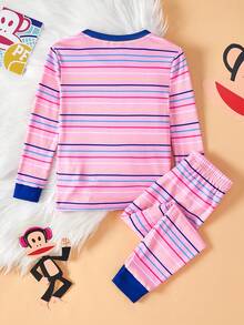 Paul Frank X SHEIN 2 件套少女条纹印花圆领长袖上衣和裤子休闲舒适睡衣套装 - 粉色 - 查看 2
