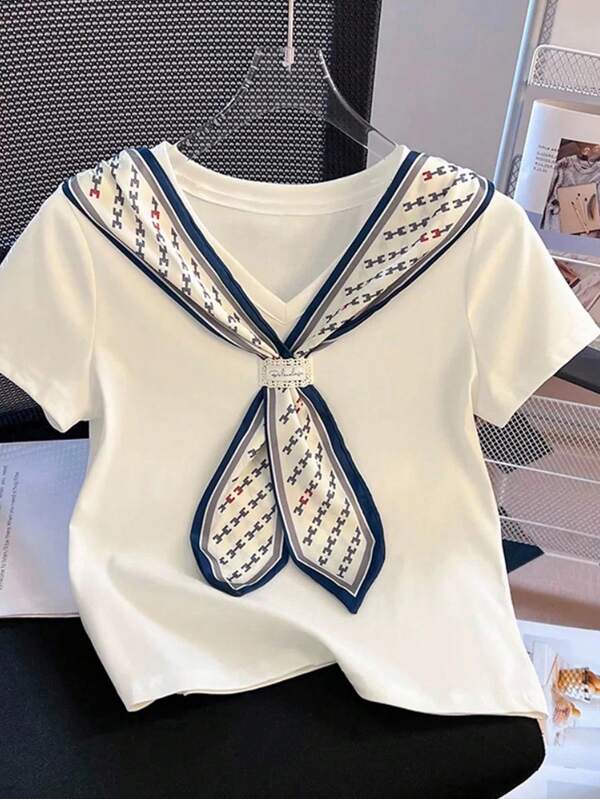 Franclia Women's V-Neck Short Sleeve Casual Versatile T-Shirt With Bow Collar Design