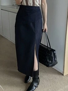 DAZY 女士优雅裹身直筒牛仔裙，带开衩和褶裥 - 中等水洗藍 - 查看 1