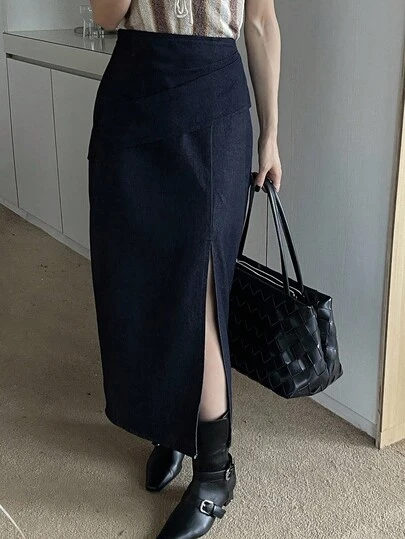 DAZY 女士优雅裹身直筒牛仔裙，带开衩和褶裥