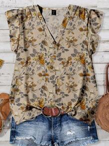 EMERY ROSE Camisa Rosa Folgada com Gola V e Mangas Voadoras de Estilo Casual Diário e de Férias com Estampa Floral, Roupa de Verão Feminina, Roupa de Férias Feminina, Roupa de Verão Feminina, Roupa Feminina para Sair - Caqui - Visão 6