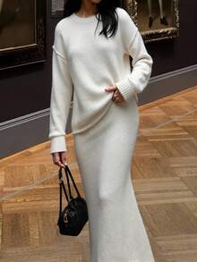 INAWLY 2pcs/Set Cashmere Blend Oversized Pullover Sweater & Skirt Fall Winter Cloth For Women - Beige - View 3