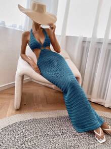 Breezaya 女式纯色短款钩针毛衣裙 - 水鴨藍 - 查看 5