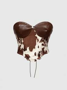 ROMWE Hippie 复古西部狂野女孩奶牛印花拼布 PU 女式衬衫 - 棕色 - 查看 1