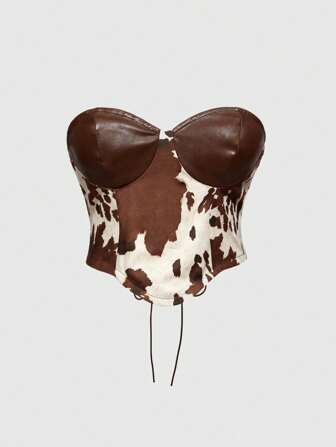 Hippie Vintage Western Wild Girl Cow Print Patchwork PU Women Blouse