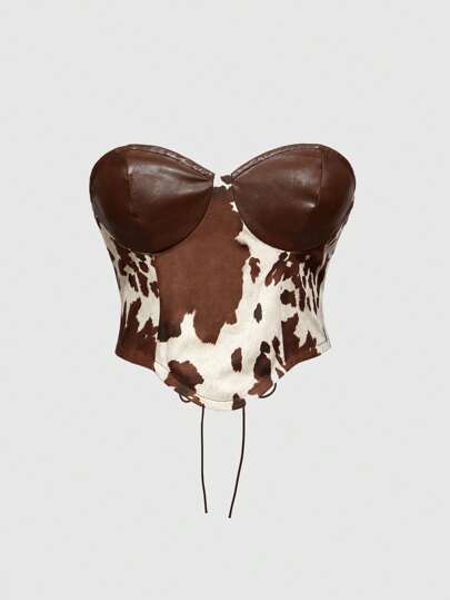 Hippie Blusa da donna in stile vintage western, con stampa di mucca e patchwork in PU