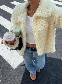 Muchica Women's Butter  Yellow Teddy Fleece Lapel Regular Jacket, Autumn/Winter New Arrival