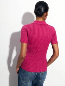 Maija 紫红色翻领罗纹长袖修身针织衫，休闲百搭的都市风格，适合秋季穿着，时尚百搭，圣诞节、圣诞毛衣、新年休闲毛衣、女士新年复古风、女士休闲派对上衣、感恩节派对上衣 - 中紫紅色 - 查看 4