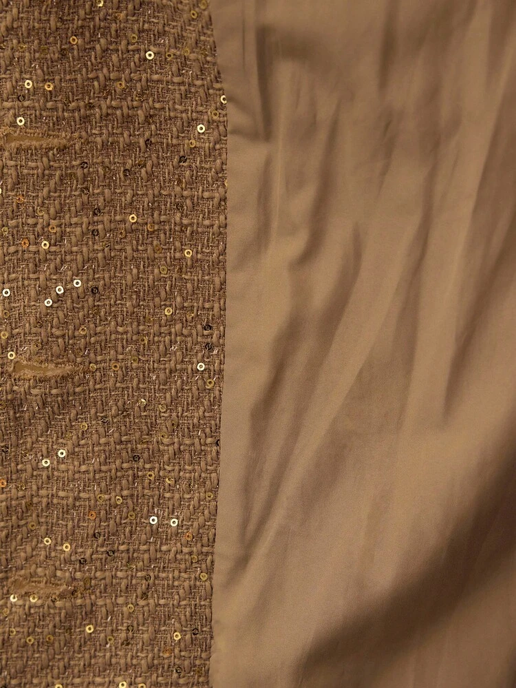 TWEED SEQUINS LAPEL COLLAR FLAP POCKET BUCKLE BELTED OVERCOAT