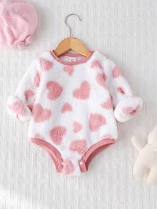 Cozy Pixies 女婴爱心图案加厚抓绒圆领长袖连体衣，女婴冬季新生儿服装，女婴爱心套装，柔软婴儿服，粉色女婴套装 - 彩色 - 查看 4