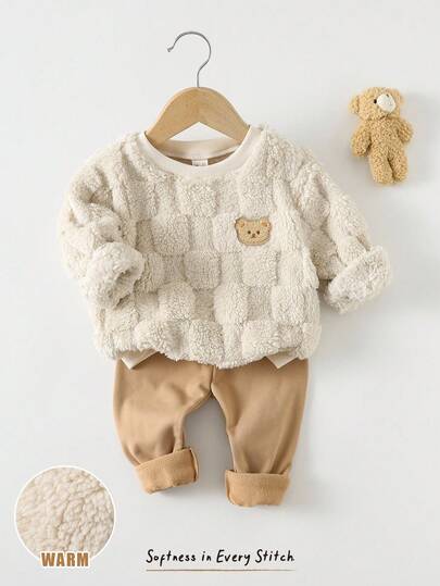 Cozy Pixies 2件套男婴棋盘格图案羊毛圆领运动衫和松紧腰裤套装