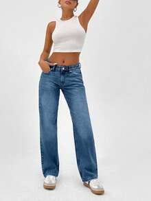 CasuGlow 100% Cotton LOW RISE  STRAIGHT FIT VINTAGE WASH Y2K STYLE JEAN - Blue - View 3