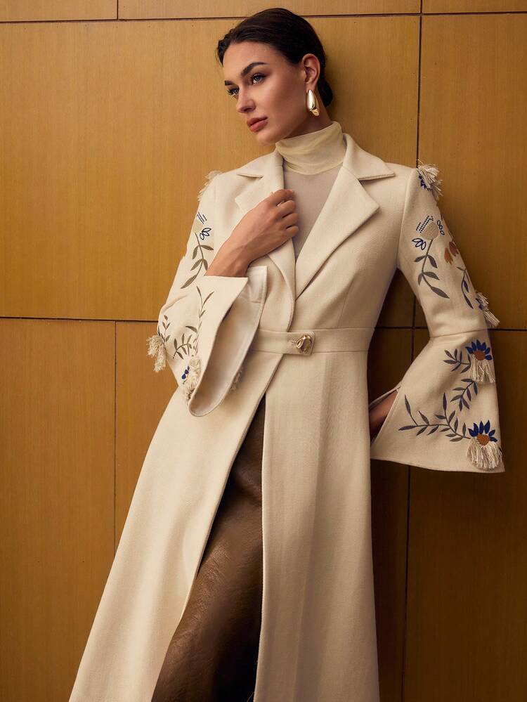 STYLISH TASSEL EMBROIDERED LONG TRENCH COAT, SLIM FIT, AUTUMN/WINTER