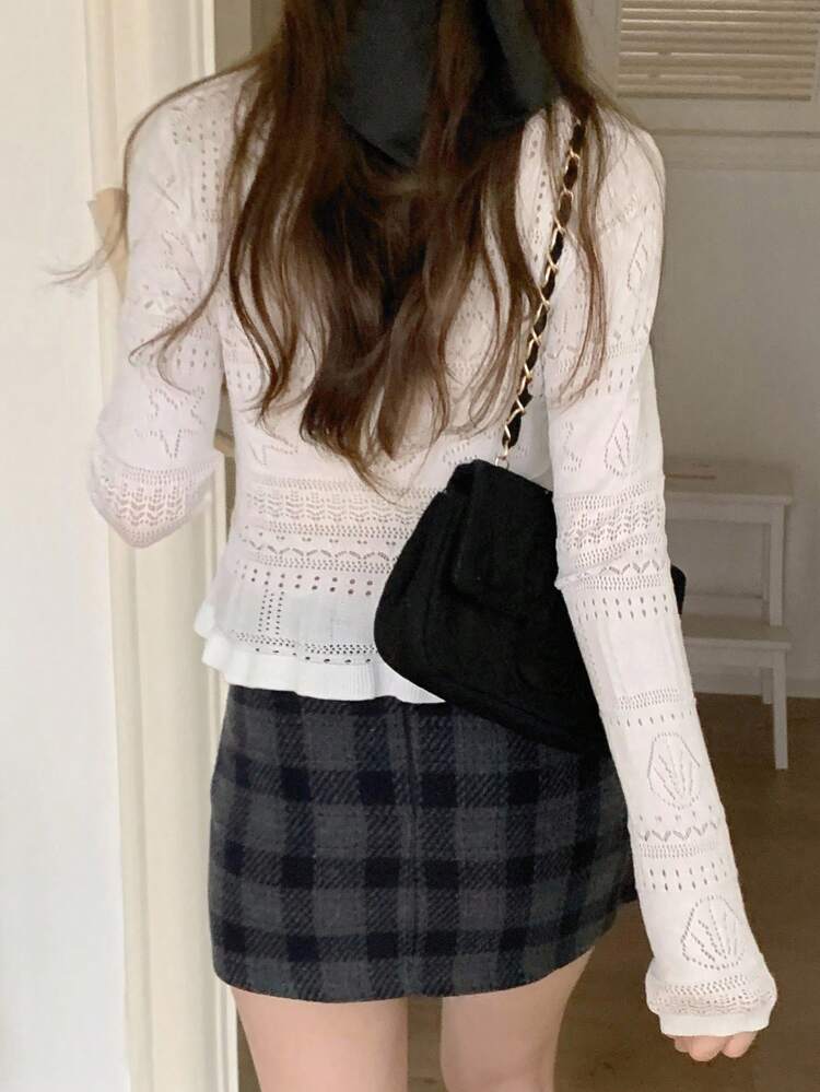 Solid Color Fitted Hollow Floral Lace Long Sleeve Round Neck Casual Knit Cardigan For Women, Lightweight, Autumn