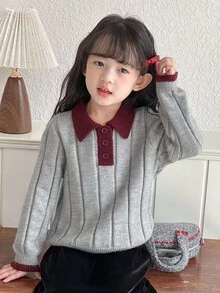 DAZY 少女撞色polo领韩版长袖毛衣，春秋季 - 灰色 - 查看 1