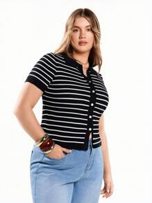 Solavibe 女式条纹翻领短袖前结短款开衫 - 黑與白 - 查看 1