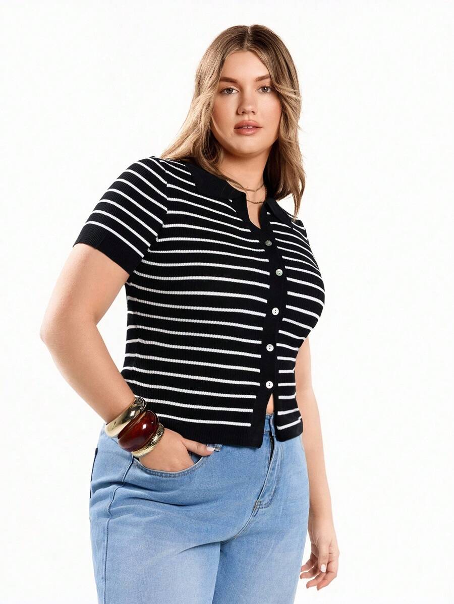 Solavibe 女式条纹翻领短袖前结短款开衫 - 黑與白 - 查看 1