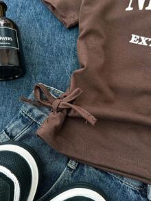 SHEIN Teen Girls' Casual Slant Shoulder Letter Print Cropped Ruched Hem Top, Street Style, Basic, Daily, Versatile, Sporty Fashion, Spring & Summer, Back To School Clothes Cropped T Shirt Brown Clothes For Teen Graphic Tees Teen Cropped T-Shirt New York Shirt Brown Graphic T-Shirt - Brown - View 6