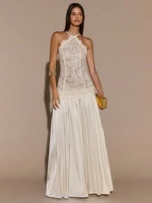 SHEIN BAE Apricot Lace Sexy Elegant Satin Patchwork Backless Dress, Formal Occasion, Cocktail Party, Elegant Long Gown, Autumn/Winter,Prom Dress,Fall Wedding Guest Dress, Sequin Dress,Valentine's Day,Valentine Outfits For Women - Apricot - View 3