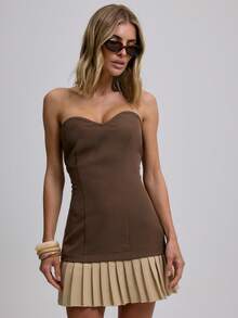 MUSERA Đầm xếp ly tương phản kiểu cổ điển, thích hợp cho kỳ nghỉ hè, tiệc brunch, thanh lịch, dễ thương, dự tiệc cưới, tiệc bãi biển, tiệc khách mời đám cưới. - Màu nâu Sô-cô-la - Xem 5