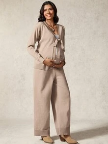 Boho Mama Maternity Solid Color Long Sleeve Knotted Front Cardigan And Knit Pants Casual Suit - Brown - View 5