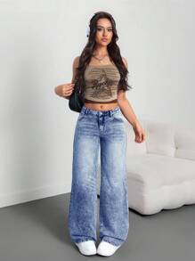 SHEIN Tall Quần Jeans Nữ Quần Ống Rộng Rộng Thường Ngày Quần Jeans Nữ Cao Quần Đen Quần Jeans Cạp Thấp Quần Jeans Cạp Thấp Quần Baggy Quần Nữ Quần Nữ Cao - Rửa nhẹ - Xem 4