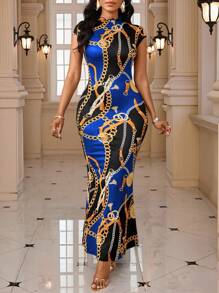 SHEIN Lady Vestido midi elegante y ajustado con volantes y estampado de cadena para mujer