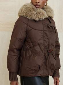 Aveloria Modichic Premium gepolsterter Mantel mit abnehmbarem Fellkragen, kurzer Stil, hochwertiger Wintermantel für Frauen - Kaffeebraun - Übersicht 5