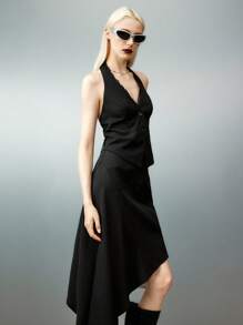 Airlisse 女士时尚露背花卉装饰上衣 + 不对称下摆半身裙 2 件套 - 黑色 - 查看 3