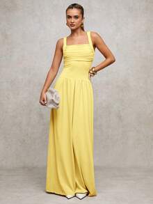 SHEIN BAE 女士优雅纯色棕色连衣裙，宽领喇叭裙，适合春夏季 - 黃色 - 查看 3