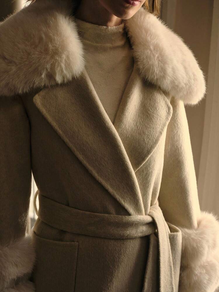 WOOL CONTRAST FUZZY DETAIL PATCH POCKET BELTED OVERCOAT