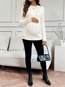 MaterniWear Maternity Elegant White Autumn Cable Knit Sweater For Pregnant Women,Long Sleeve Round Neck Twist Pattern Photoshoot Button Casual Winter Clothes - Apricot - View 5
