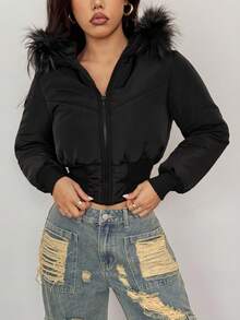 SHEIN PETITE 女士时尚百搭连帽短款夹克，冬季 - 黑色 - 查看 4